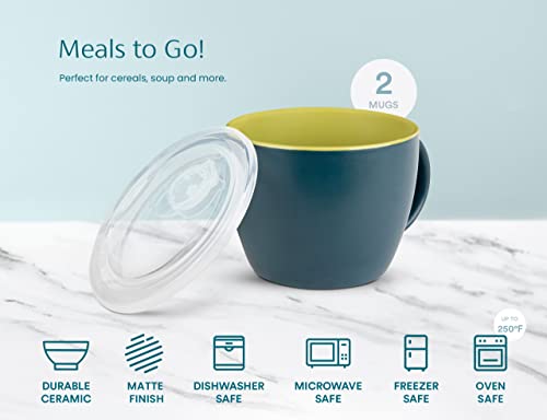 Kook Ceramic Soup Mugs, With Handle And Vented Plastic Lid, Perfect For Overnight Oats, Microwave Safe, Travel Cups, For Coffee, Cereal, Noodles And Tea, 25 Oz, Set Of 2 (Matte Navy/Chartreuse) #TOP3