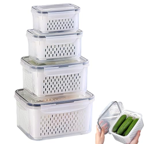 AXVRAV Kühlschrank Organizer 4er Set – Frischhaltedosen mit Deckel & Siebeinsatz (380+800+1700+3150ml) – Stapelbare Frischhalteboxen für Obst Gemüse Salat & Beeren