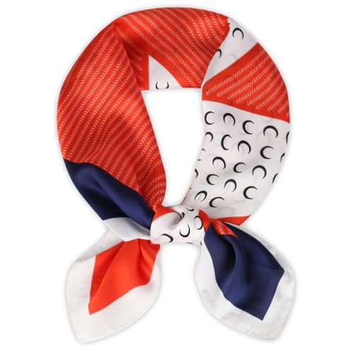 EXTREE Fashion Silky Satin Headscarf for Women Girls: Exquisite Pattern Lightweight Silk Graceful Scarfs 27.5 x 27.5 inches Orange and White Moon