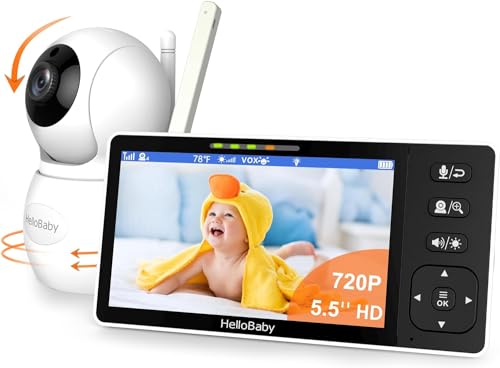 HelloBaby 720P 5.5'' HD Baby Monitor with Camera and Audio, No WiFi Video Baby Monitor, Remote Pan Tilt Zoom Wide View 1000ft Range, 1080P Infant Camera, Night Light, Hack Proof, 4000mAh Battery