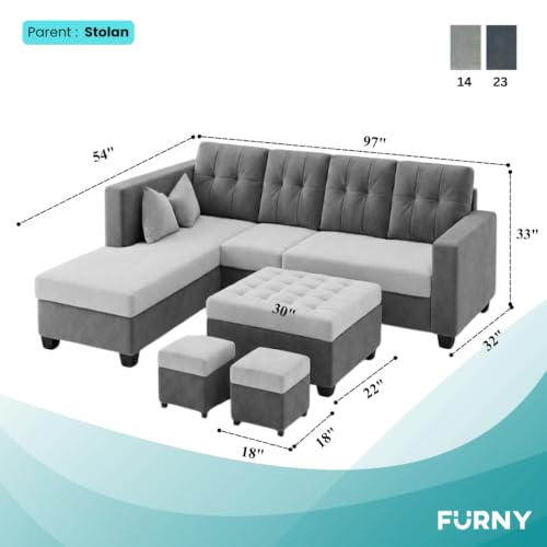 Image of FURNY Nathan 8 Seater L Shape Sofa Set LHS (Light Grey-Dark Grey) | Suede Velvet Finish | Durable Comfort Sofa for Modern Living Room & Office Spaces