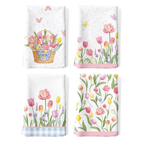 Arquiel 4 Piezas Paños de Cocina Flor Tulipán Algodón Toallas de Cocina Regalos para Mamá Suaves y Absorbentes Toallas de té y Toallas de Barra Decoración de Cocina Limpieza, 48 x 70 CM