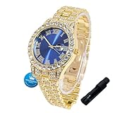 Halukakah Diamonds Gold Watch Iced Out for Boy Teens Kids - 18K Real Gold Plated,42mm Blue Dial,Japanese Quartz - 8' Length Adjustable Wristband,with Watch Adjuster Tool - for Birthday,Parties