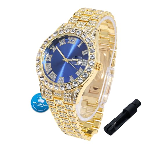 Image of Halukakah Diamonds Gold Watch Iced Out for Boy Teens Kids - 18K Real Gold /Platinum Plated,42mm Blue /Green /Red Dial,Japanese Quartz - 8 inch Length - Optional with Cuban Link Chain,with Watch Adjuster Tool