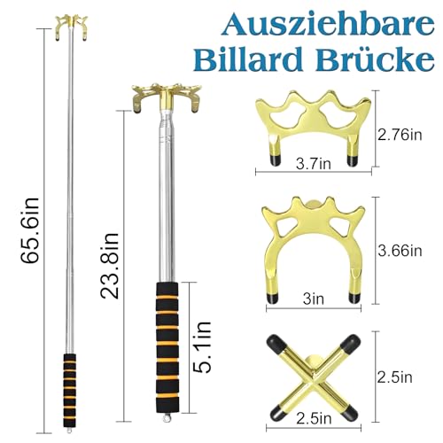 RAYNA GAMES Billard Queue Versenkbare, Billard Queue 3 Stück Abnehmbarem Messing Brücken Kopf, Queue Brücke Billard Zubehör für Billardtisch, Snooker, Spiel, Wettkampf