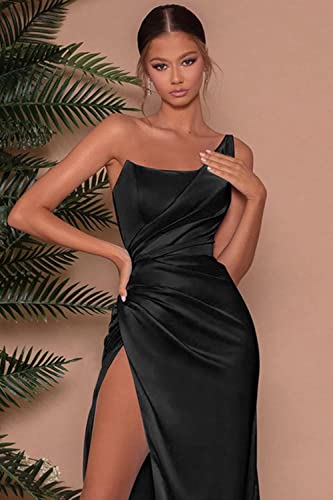One Shoulder Prom Dresses with Slit for Women Long Pleated Satin Mermaid Evening Party Gowns2