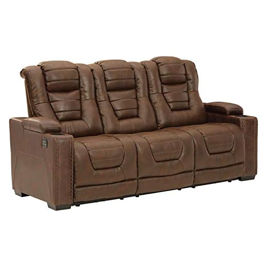 Signature Design by Ashley Owner's Box Faux Leather Power Reclining Sofa with Adjustable Headrest, Brown
