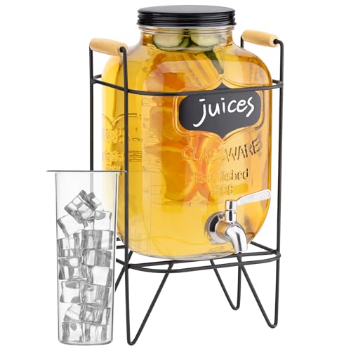Navaris Dispenser per Bevande in Vetro 5 Litri - Distributore Acqua con Rubinetto e Supporto in Ferro - Inclusi Infusore Frutta e Porta Ghiaccio - Drink Dispenser per Bibite Fredde