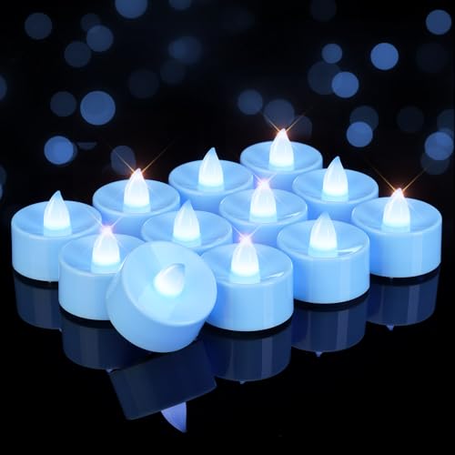 Image of Homemory Light Blue Tea Lights Candles Battery Operated, Flickering Flameless LED Votive Candles, Pure White Tealights for Boy Baby Shower, Gender Reveal, Blue Wedding, Nursery Decor, 50-Pack