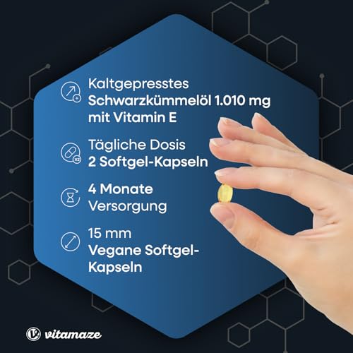 Ägyptisches Schwarzkümmelöl mit Vitamin E, 240 vegane Kapseln, Komplex mit 1010 mg pro Tag (Nigella sativa), Kaltgepresst, Hochdosiert, Sorgfältig Laborgeprüft, Produziert in Deutschland.