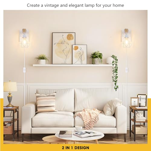 Image of Lomoky White Plug in Wall Sconces Set of Two, Modern Wall Lights with 5.25FT Plug in Cord, Wooden Bedside Wall Lamps with Metal Shade, Industrial Wall Lighting Decor for Living Room, Hallway, Stairs