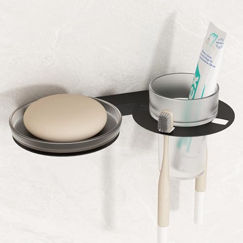 Image of Plantex Soap Dish with Tumbler Holder for Bathroom /Stainless Steel Glass soap Holder wtih Toothbrush Stand /Bathroom Accessories - Pack of 1 (Black)