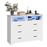 IRONCK Kommode Weiß, Komodenschrank mit LED-Lichtleiste und 2 Steckdosen, Schubladenschrank mit 6 Schubladen und 2 Fächer für Wohnzimmer, Schlafzimmer, Holz, 40 x 120 x 94.7 cm