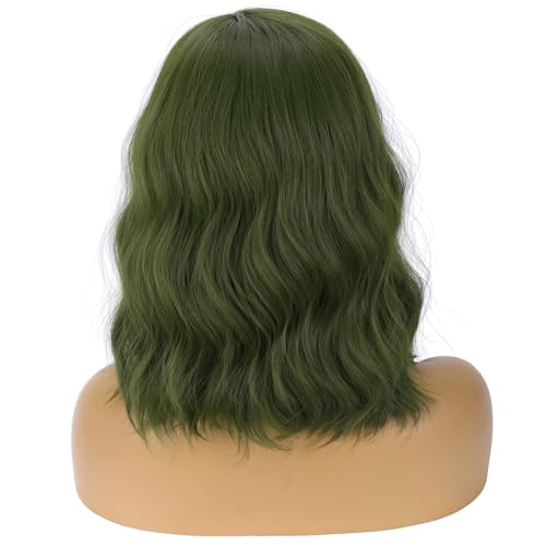 Image of BERON Green Wigs for Women Short Curly Bob Wavy Wig Girls Olive Color Body 14'' Heat Resistant Synthetic Hair Wig Cosplay Daily Party Wigs