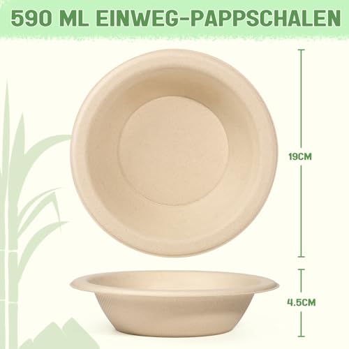 greensight 100 Stück Pappschalen Einweg Suppenschalen 590ML Zuckerrohr Einweggeschirr Suppenteller Einwegsuppenschale Braun Schälchen Einmal Party Rund Kompostierbare Einwegteller tief