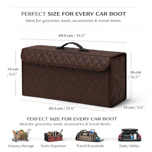 Image of JVCV PU Leather Car Trunk Boot Organizer Bag Box, With Lid Anti Slip Car Accessories Organizer, Foldable, Waterproof Storage Box for Car, Suv, Sedan, Truck, Minivan (Large - PU Leather - Brown)