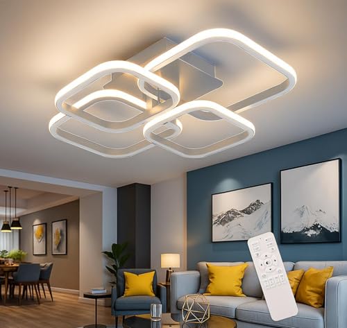 Image of PANCA Modern LED Chandelier Light for Ceiling | 3-Color Dimmable Ceiling Light with Remote Control | Acrylic White Flush Mount Fancy Ceiling Lamp for Living Room, Bedroom & Hall (58x45x12cm)