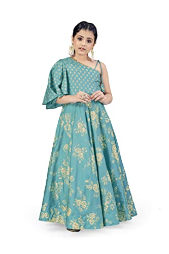 Image of Fashion Dream Girls Dola Silk Maxi Length One Shoulder Dress|Maxi Dress|Long Dress|Printed Dress|Printed Maxi Dress(Teal Blue 7-8 Year)