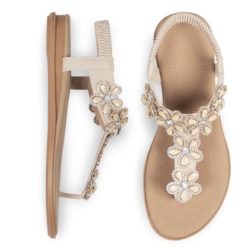 Image of iCKER Women Flat Thong Sandals Rhinestone Sparkly Boho Elastic Ankle Strap | Non‑slip,Matches Summer Dresses,for Vacation,Wedding,Evening and Festival