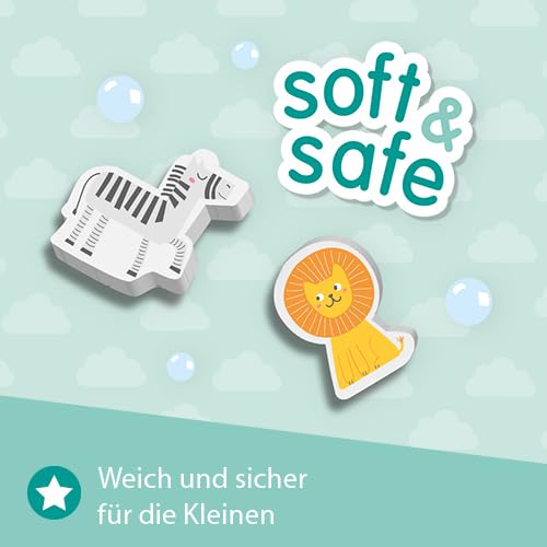 SES Creative Badewannen | Safari Tiere | Badespielzeug Baby | Haftet auf Fliesen | Weich & Sicher | Made in Holland | für Kinder ab 1 Jahren | Diverse Farben | 14 Schaumstoff Tiere | 13097