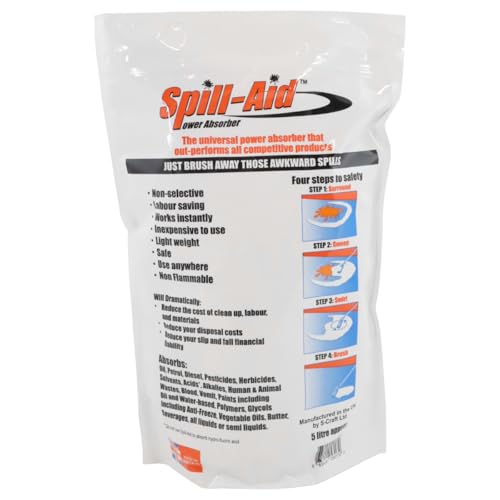 Spill-Aid Power Absorber 5L Pack – Lightweight Non-Toxic Spill Clean-Up Powder for Oil, Fuel, Chemicals, and Liquids – Safe for All Surfaces Oil Absorbent Granules/Powder