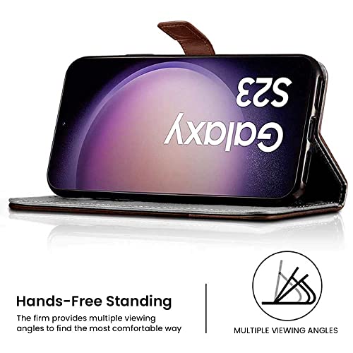 Image of FLIPPED Vegan Leather Flip Case Back Cover for Samsung Galaxy S23 5G (Flexible, Shock Proof | Hand Stitched Leather Finish | Card Pockets Wallet & Stand | Brown with Coffee)