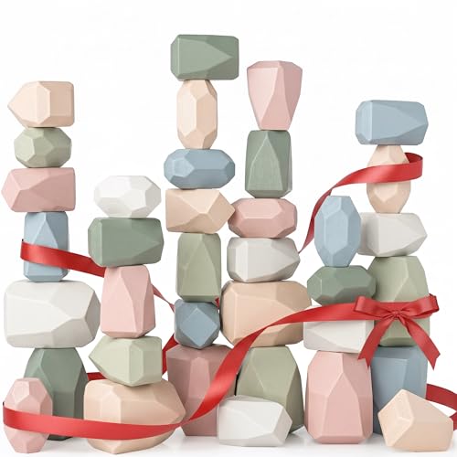Image of Comfy Cubs Stacking Rocks 36 Pieces, 36 Months+, Educational Toddler Stacking Blocks, Promotes Imagination, Balance & Fine Motor Skills - Wooden Rocks Sensory Toys Gift for Kid, Neutral Pack