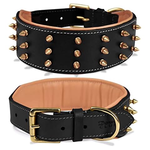 DowgClub Leather Spike Dog Collar | 2" Wide Spiked Collar for Large Dogs | Black Dog Collar | Genuine, Full Grain, Heavy Duty, Comfortable, Padded | (L (Fit Neck 18.5"-22.5"), Black with Gold Spikes) Cover