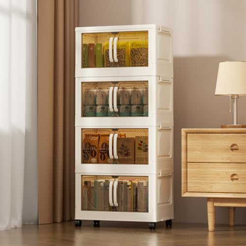 Karramlili 28QT Collapsible Storage Bins with Wheels & Magnetic Doors - Foldable 3-Tier Organizer for Closet, Kitchen, Office, 17.7"x10.2"x29.5", Space-Saving, Tool-Free Assembly