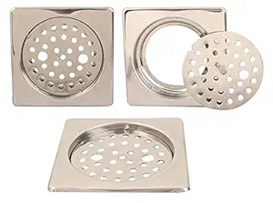 Kuber Industries 3 Piece Steel Floor Square Drain Cover with Lock, 5 Inches, Silver (CTSS218)