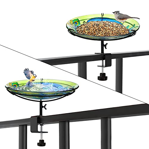 Lewis&Wayne Deck Mounted Glass Bird Baths For Outdoors, 10.5 Inch Bird Feeder Bowl For Garden Patio Yard Balcony Fence Railing- Peacock Design #TOP4