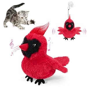 Flapping Cardinal Cat Toys, Interactive Cat Exercise Toy with Lifelike Bird Chirp, USB Rechargeable Automatic Cat Kicker Catnip Toys for Bored Indoor Adult Cats Kittens