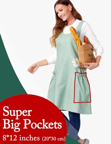 Image of Cozy Adjustable Cross Back Aprons for Women with Pockets Cotton Linen Cooking Kitchen Baking