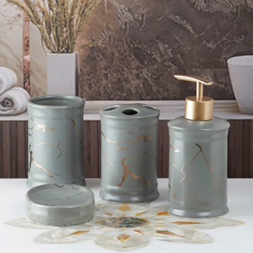 Image of SaSaSa Ceramic Bathroom Accessories Set of 4 Modern Bath Set with Soap Dispenser & Toothbrush Holder, Luxury Home & Gift Idea, Grey /Gold (8227)