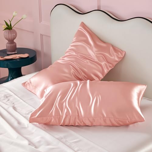 Image of Bedsure King Size Satin Pillowcase Set of 2 - Peach Pink Silky Pillow Cases for Hair and Skin with Envelope Closure, Similar to Silk Pillow Cases, Gifts for Women Men, 20x36 Inches, 2pcs