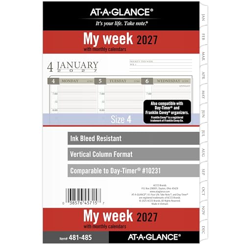 Image of AT-A-GLANCE 2027 Planner Refill, Weekly & Monthly, 5.5" x 8.5", Desk Size 4, Column-Style, Tabbed, 7-Ring Loose-Leaf (481-485-27)
