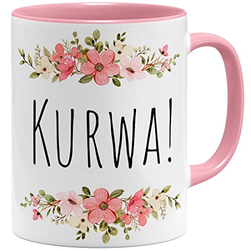 OM3® Tasse humoristique avec inscription « Kurwa » – Polonais Pologne – Fleuri Kitschig – Tasse en céramique – 325 ml – Imprimé des deux côtés – Rose