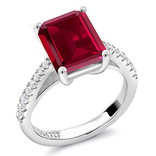 Gem Stone King 4.06 Cttw Red Created Ruby and White Created Sapphire Engagement Ring For Women | 925 Sterling Silver | Emerald Cut 10X8MM | Available In Size 5, 6, 7, 8, 93