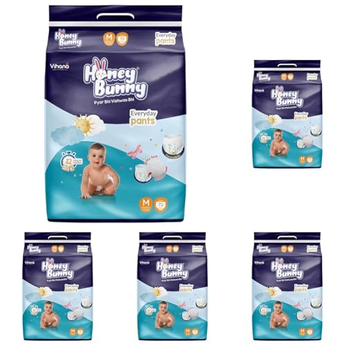 Image of Honey Bunny Everyday Baby Diapers Pants | Medium (M), 72 Count, 7-12 kg | Silky Soft on Skin, Bubble Layer | 12 Hours Protection Baby Diaper (Pack of 5)