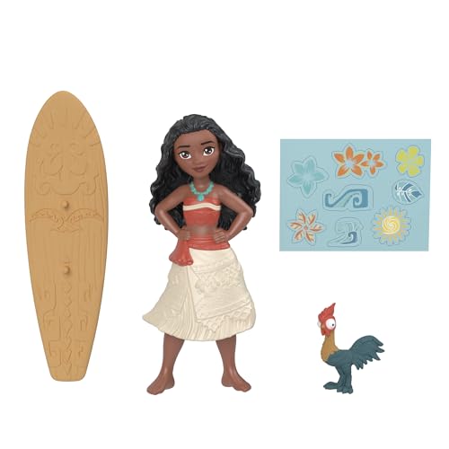 Image of Disney Princess Toys, Moana Small Doll with Heihei Figure, Customizable Waveboard Accessory & Stickers, Inspired by Disney Moana Movie