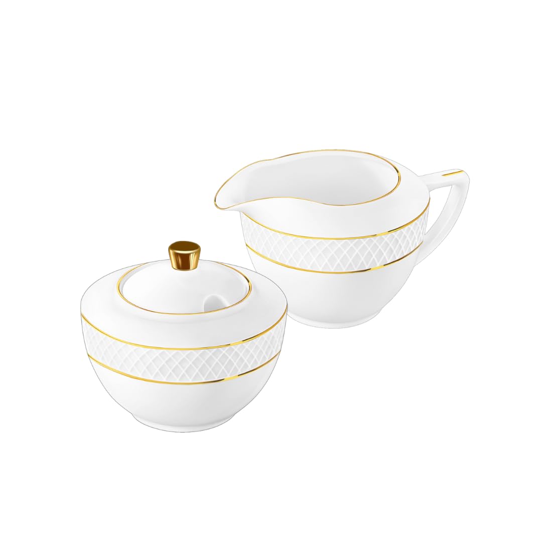 Wilmax – Azucarero + Juego de jarra de leche – 2 piezas – Recipiente para leche y azúcar de porcelana con patrón dorado – Blanco – Dispensador de azúcar con tapa – Servicio de café para leche, café y