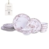 222 Fifth Adelaide Brown on White 12-Piece Dinnerware Set – Service for 4, Plate & Bowl Set,Durable Porcelain, Dishwasher Safe, for Everyday Dining & Entertainment
