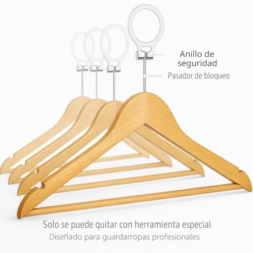Miniatura 8 de Mela S Pack De 50 Perchas De Madera Antirrobo Con Anillo De Seguridad Solo Desmontables Por El Personal Para Hoteles Y Uso Profesional