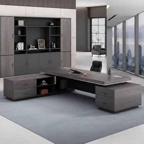 Image of Premium Modern L-Shaped Director Table with Matte Grey Wood Finish, Built-in Wire Managert & Executive Contemporary Design (LDL-762 MDFL L6W3)
