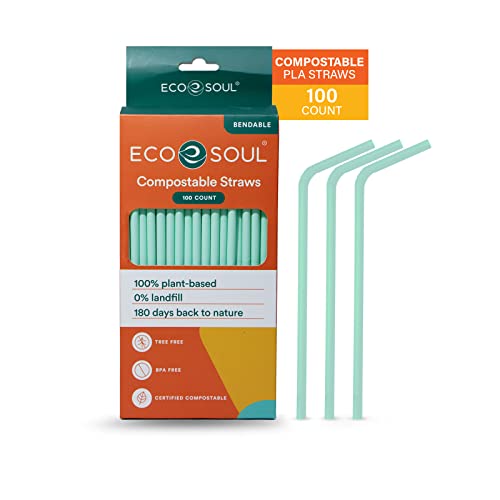 Eco Soul 100% Compostable Straws [100 Count][8.25"] Eco-Friendly Biodegradable Sustainable Disposable Straws, Cocktail Cold Drink Smoothie Bendable Straws #TOP21