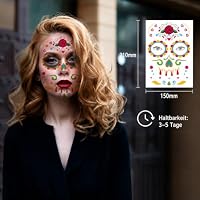 Yosugi Bunte Tattoos in verschiedenen Stilen – temporäre Tattoos für Frauen, für Party & Kostüm|Sicher, wasserfest, einfach anzuwenden, ideal für Halloween, Dia de los Muertos & Mottopartys(9 Stück) – Ansicht 3