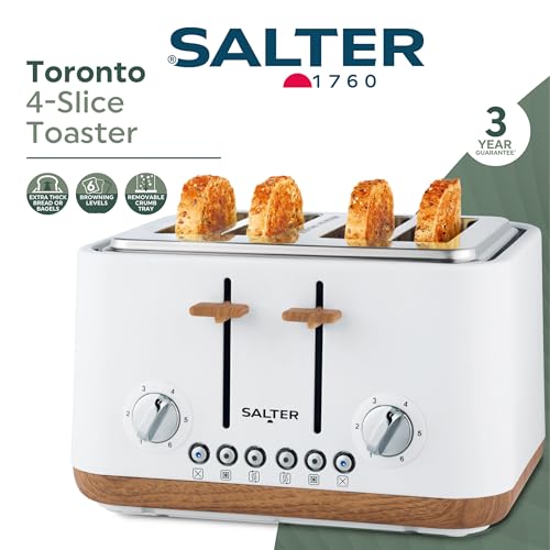 Salter EK5823WHT Toronto 4-Slice Toaster – Wide Slots, 6 Browning Levels, Removable Crumb Tray, Defrost, Reheat, Cancel, Self-Centring Function, High-Lift Eject, 1630 W, Wood Effect, Matt White - Image 3