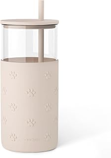 SANDJEST Glass Water Bottle with Silicone Sleeve 20oz, Glass Tumbler with Straw and Lid, Smoothie and Iced Coffee Cup, Pawprint Gifts for Women Teen Girls Birthday Christmas