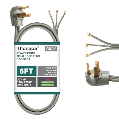 Thonapa 3 Prong Dryer Cord 6 Ft, 30 Amp Appliance Extension Cord 3 Prong 6 Foot, NEMA 10-30 Plug, 10/3 SRDT Gray with Molded Ring Terminals