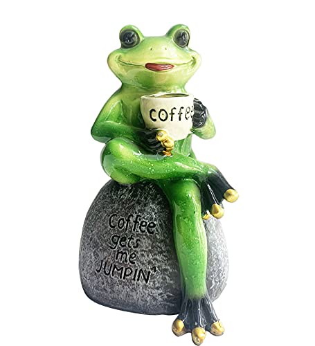 Frog statue holding a cup of coffee